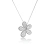 White gold necklace with pave diamond flower pendant on a white background