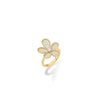 The JASMINE PAVE DIAMOND FLOWER RING by Roberto Coin showcases a large flower design in 18K yellow gold, encrusted with pave-set diamonds, and is displayed on a white background.