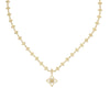 The PRINCIPESSA FLOWER CHAIN AND DIAMOND FLOWER PENDANT NECKLACE by Roberto Coin features a repeating floral 18K yellow gold chain and an ornate diamond flower pendant centered with a small gemstone.