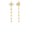 PRINCIPESSA DIAMOND FLOWER DANGLE EARRINGS by Roberto Coin in 18K yellow gold feature a floral motif, delicate linked flower designs, and a round diamond at the end, displayed against a white background.