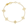 Gold bracelet with flower-shaped links and diamonds on a white background