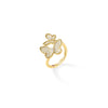 Gold ring with two butterfly shapes set with pavé diamonds on a polished band.