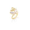 Side view of a yellow gold double butterfly bypass ring with diamonds and mother of pearl on a white background
