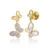 Yellow gold double butterfly earrings with diamond and mother of pearl on a white background