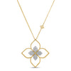 Yellow and white gold open frame flower necklace with pave diamond accents on a white background