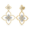 Yellow gold open frame double flower dangle earrings with diamond accents on a white background