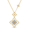Yellow gold open frame double flower necklace with pave diamond accents on a white background