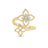 Front view of yellow and white gold open frame double flower ring with diamond accents on a white background