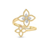 Front view of yellow and white gold open frame double flower ring with diamond accents on a white background