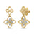 Yellow and white gold open frame double flower dangle earrings with diamond accents on a white background