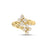 Front view of yellow gold twist bypass ring with diamond flower ends on a white background