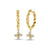Yellow gold twisted hoop earrings with dangling diamond flowers on a white background