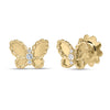 Yellow gold butterfly earrings with high polished finish and diamond accents on a white background