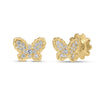 Yellow gold butterfly earrings with pave diamond finish on a white background
