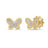 Yellow gold butterfly earrings with pave diamond finish on a white background