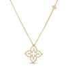 Yellow gold open frame flower necklace with diamond accents on a white background