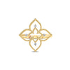 Front view of yellow gold open frame flower ring with diamond accents on a white background