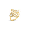 Side view of yellow gold open frame flower ring with diamond accents on a white background