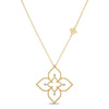 Yellow gold open frame flower necklace with diamond accents on a white background