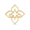 Front view of yellow gold open frame flower ring with diamond accents on a white background