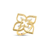Side view of yellow gold open frame flower ring with diamond accents on a white background
