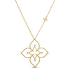 Yellow gold open frame flower necklace with diamond accents on a white background