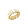 Side view of yellow gold and white enamel ring with diamond accents on a white background