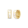 Yellow gold and white enamel hoop earrings with diamond accents on a white background