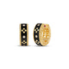 Yellow gold and black enamel hoop earrings with diamond accents on a white background