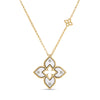 Yellow gold and white enamel flower necklace with diamond accents on a white background