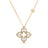 Yellow gold and white enamel flower necklace with diamond accents on a white background