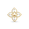 Front view of yellow gold and white enamel flower ring with diamond accents on a white background