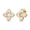 Yellow gold and white enamel flower stud earrings with diamond accents on a white background