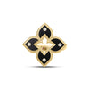 Front view of yellow gold and black enamel flower ring with diamond accents on a white background