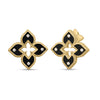 Yellow gold and black enamel flower stud earrings with diamond accents on a white background