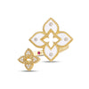 Front view of yellow gold and white enamel flower ring with diamond accents on a white background
