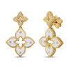 Yellow gold and white enamel double flower dangle earrings with diamond accents on a white background