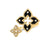 Front view of yellow gold and black enamel double flower ring with diamond accents on a white background