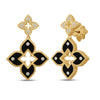 Yellow gold and black enamel double flower dangle earrings with diamond accents on a white background
