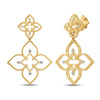 Yellow old open frame double flower dangle earrings with diamond accents on a white background