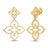 Yellow old open frame double flower dangle earrings with diamond accents on a white background