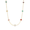 Yellow gold necklace with mixed colored stones flower stations on a white background