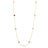 Yellow gold long necklace with mixed colored stones flower stations on a white background