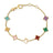 Yellow gold bracelet with mixed colored stones flower stations on a white background