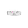 Front view of white gold ring with diamond floral motif accents on a white background