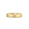 Front view of yellow gold ring with diamond floral motif accents on a white background