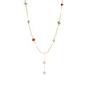 Yellow gold lariat necklace with mixed colored stones flower stations on a white background