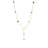 Yellow gold lariat necklace with mixed colored stones flower stations on a white background