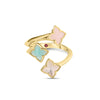Front view of yellow gold three flower ring with amazonite, mother of pearl, and pink opal on a white background
