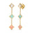 Yellow gold dangle earrings with mixed colored stones flower stations on a white background